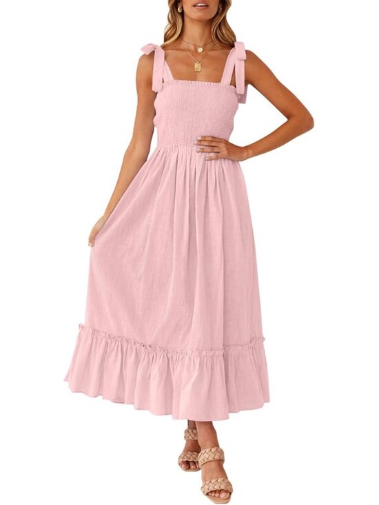 Dresses & Skirts - Women's 2026 Summer Boho Spaghetti Strap Square Neck Solid Color Ruffle A Line B